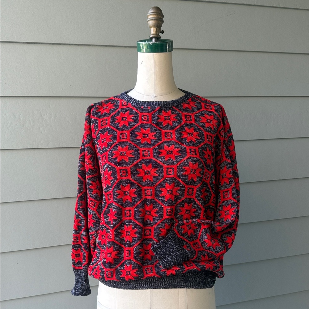 Vintage Red and Black Patterned Knit Sweater